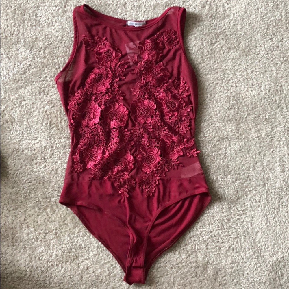 Maroon floral mesh and lace bodysuit